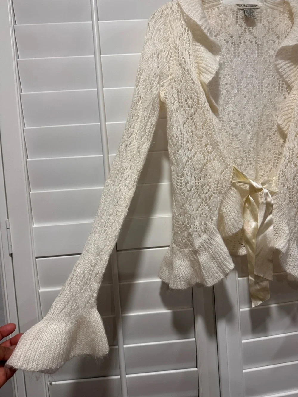 Next Era Couture Cream Lace Knit Cardigan Ruffle Bell Sleeve Tie Front Boho  Y2K - Picture 5 of 11